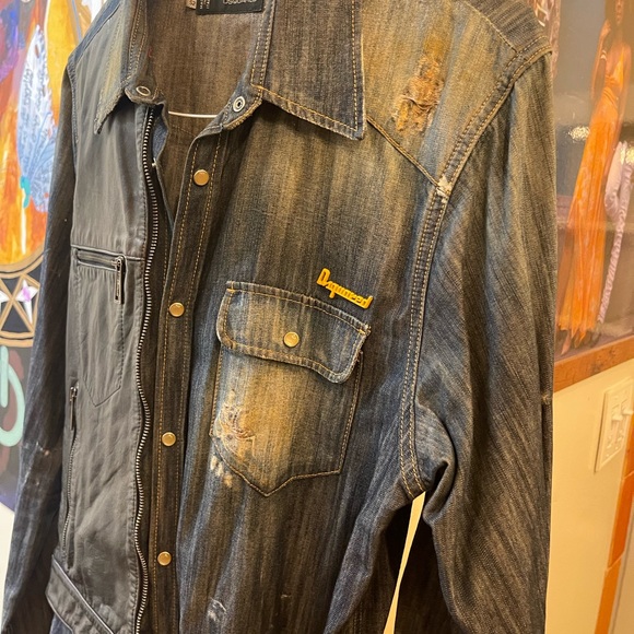 Distressed denim and leather high end Dsquared run way shirt - Picture 3 of 9